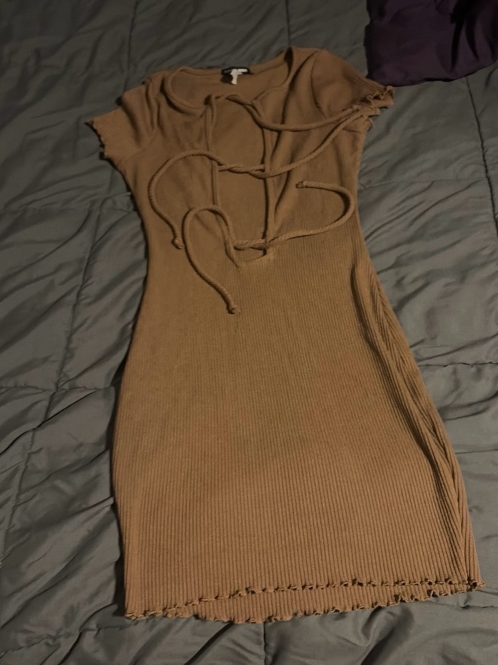 Ribbed Tie-Front Midi Dress in Brown